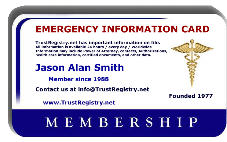  TrustRegistry.net� Emergency Membership Card Sample 